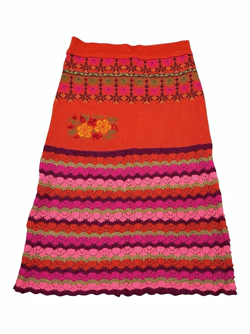 Oilily Floral Merino Wool Knit Skirt Medium Boho Retro Indie Bright Colorpop